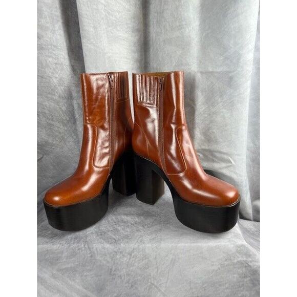 Jeffrey Campbell Nelsons Platform Heeled Ankle Boots Patent Leather TAN Sz 9.5 - Picture 1 of 6